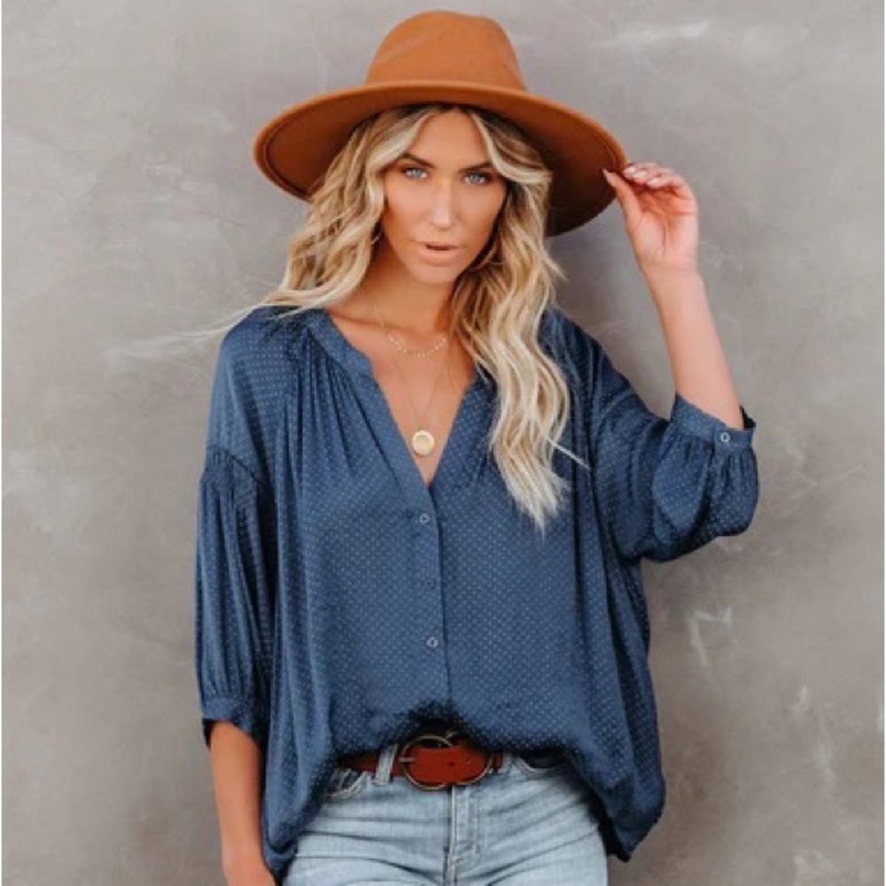 Vici Carla Embossed Button Down Blouse - Blue